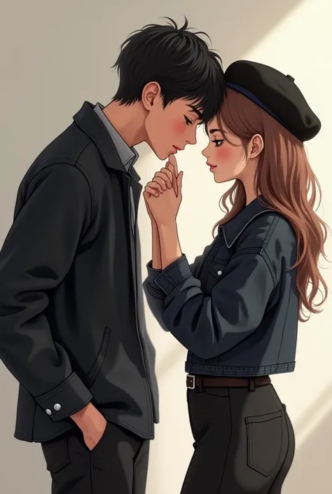 A 23-year-old boy kisses the hand of a girl his own age the girl wears a black denim outfit with a black beret and she is very surprised 