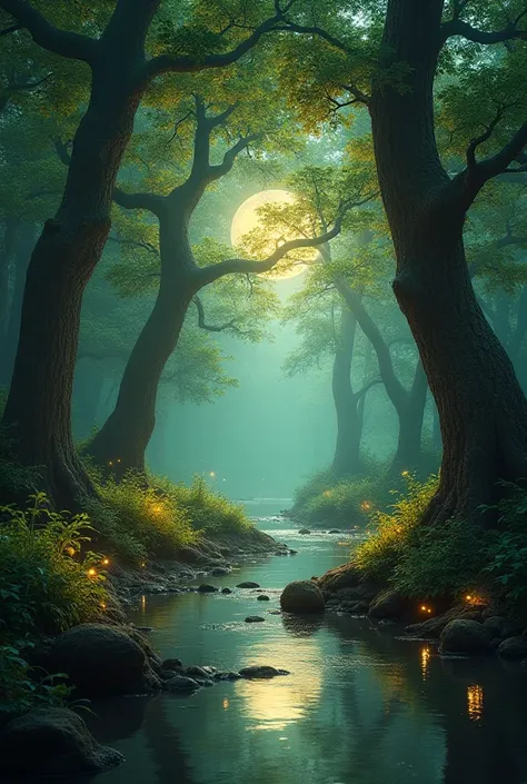 A serene and magical forest bathed in soft, glowing light. Ancient trees tower overhead, their leaves sparkling with hues of gold, silver, and emerald. A gentle stream meanders through the scene, mirroring the shimmering light and adding to the tranquil at...