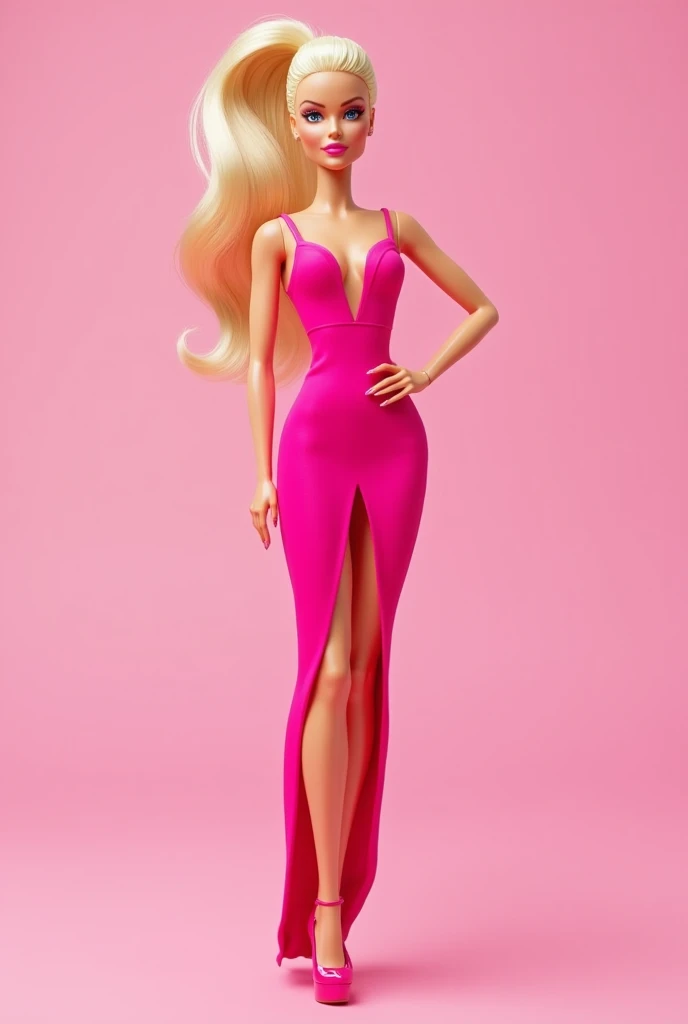 Barbie in pink platforms a pink dress long pink nails and makeup 