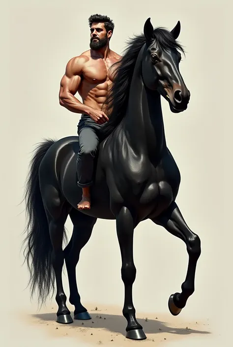 Portrait of a man turned into a centaur with a black horse with shiny hair