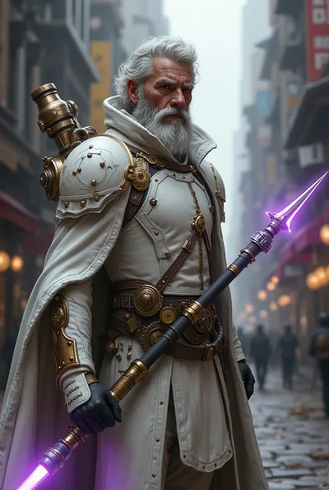 steampunk city guard. soft white leather armor. spear-like weapon with a glowing purple tip.