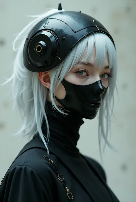 Male character with white hair and round hat cut like an electric saw blade, fair skin and black mask on his face  