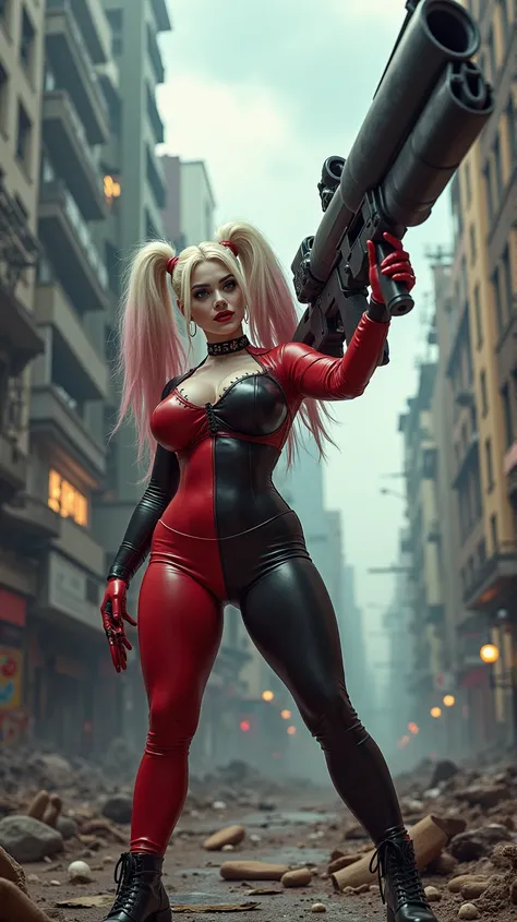 In the middle of a chaotic and apocalyptic city landscape, (Harley Quinn, super beautiful face, super big breasts plump and long, white skin, standing confidently, holding a very large and exaggerated cartoon gun, which is aimed directly at the audience:1....