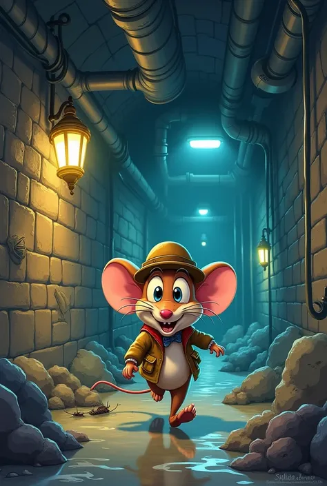 Make a cartoon mouse in the sewer 