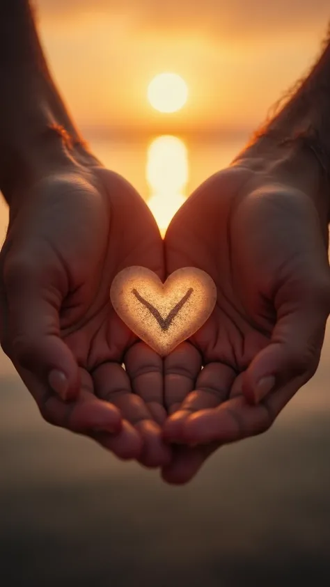  “A captivating scene showing two hands almost touching ,  with a soft sunset light in the background .  A heart drawn on sand or glass appears subtly between them, symbolizing love and desire .  The background is blurred ,  highlighting only the hands and...