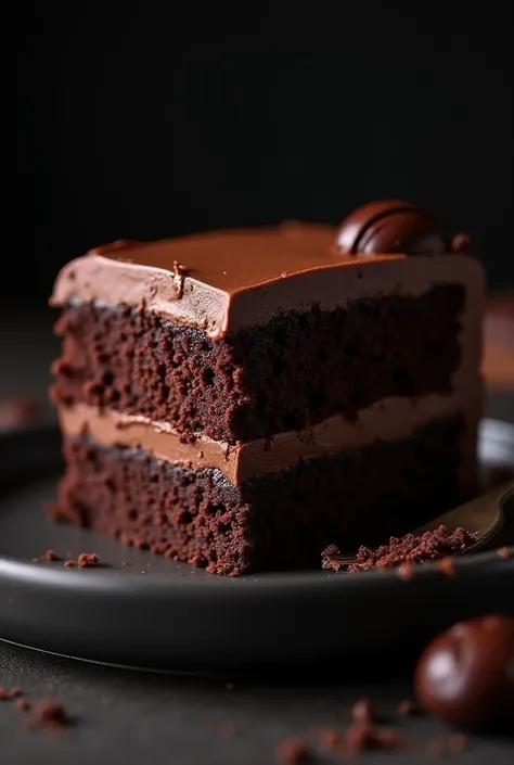 cinematic film still chocolate, chocolate cake, dark background, quality photo, moist texture, frosting, studio photo, slice . shallow depth of field, vignette, highly detailed, high budget, bokeh, cinemascope, moody, epic, gorgeous, film grain, grainy