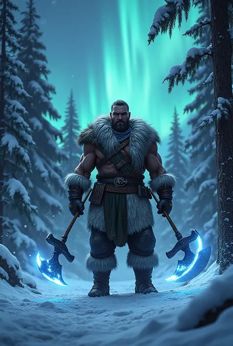 A Canadian Mortal Kombat warrior, rugged, wearing fur-lined armor with glowing ice axes, in a snowy forest under auroras. 