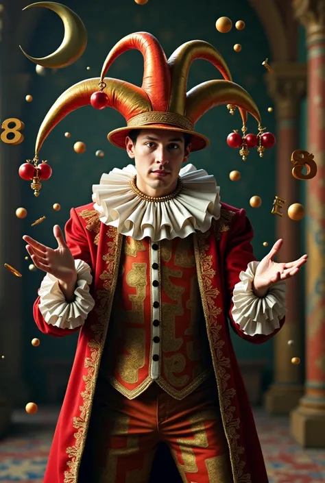 1 man, court jester, Mathematics specialist, medieval art, realistic, kingdom