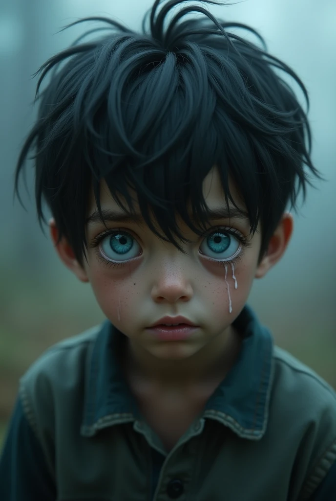 A black-haired boy crying with blue eyes 