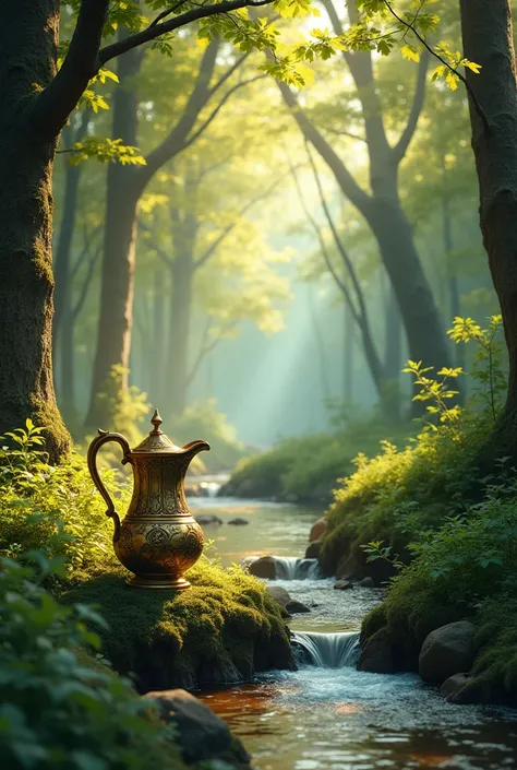 An enchanted forest bathed in the soft, golden light "Drop Stream" pitcher