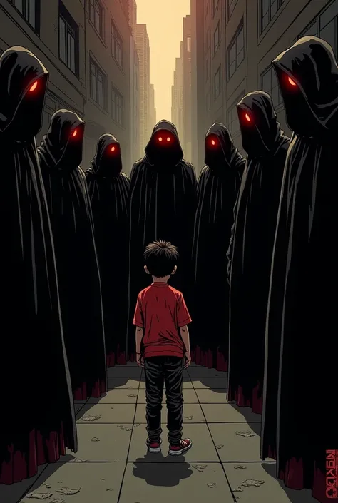 The alley is thick with tension as the Crimson Vigilantes surround the young boy, their crimson eyes boring into him. One of the cloaked figures steps forward, its voice a deep, almost supernatural rumble.The Crimson Vigilantes: "The streets are no place f...