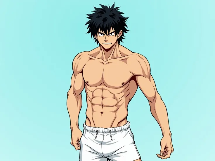 Make a man with black hair,  wearing white shorts , He had an angry face. Make the image in the manga style ,  as if it were drawn by Gege Akutami, use shades of blue , whites and blacks, greens, among other variations , Leave it with very light tones , Al...