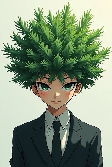 Transform a Christmas pine tree into an avatar with a suit and tie looking like an anime. Remove the body of a human