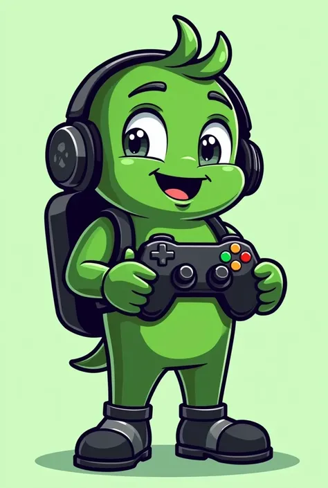 Mascot for a game store that has the colors well distributed in green gradient, black and white and be very friendly to please ren and agers and adults with a joystick in your hands and have a play icon shape