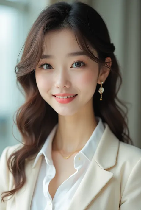 
( super real), (shape), ( high resolution), (8k), ( very detailed), (Best shape), (Big beautiful double eyelids), ( best quality ), ( very detailedな), (masterpiece), (wallpaper), ( detailed face), white beige suit、 white shirt、A clear background、 curly ha...