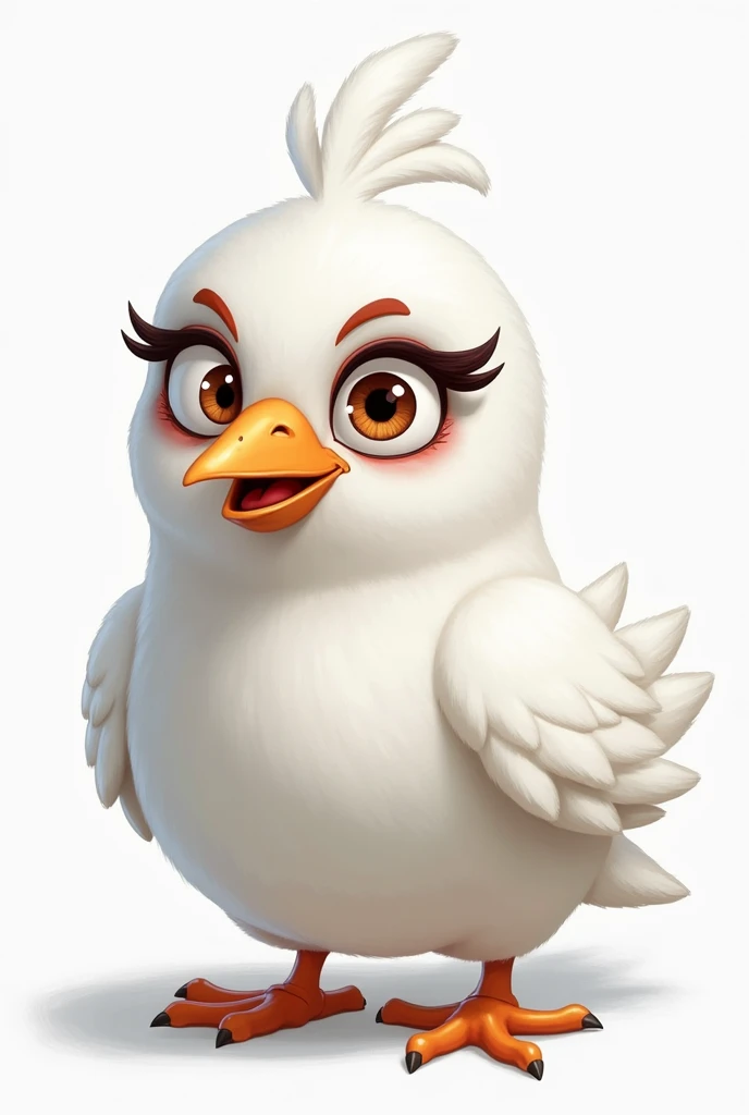  An illustration of a female bird inspired by the character Red from Angry Birds,  but with completely white feathers .  The bird has large and expressive eyes ,  with elongated lashes that highlight its gaze .  Its expression is determined and slightly ch...