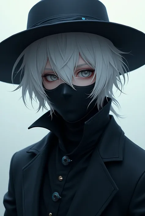 White-haired male character with round hat, fair skin and black mask on the face and black shirt with blue details