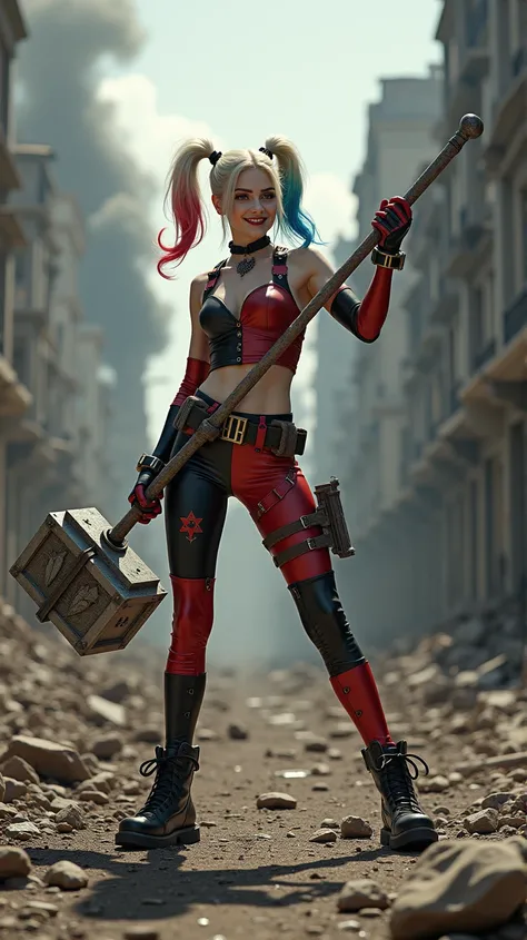 In the middle of a destroyed post-apocalyptic city, Harley Quinn, super beautiful face, super big dad, white skin, slim athletic body, stands with a wild and crazy smile, holding a large, intricately designed hammer. The hammer was long, with a detailed ha...