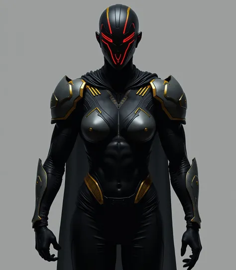 An imposing man, with well-defined muscles, about 2 meters tall.
She wears a black mask that covers the entire upper part of her face, with glowing red lines that seem to pulse as if made of living energy.
Futuristic suit with body-hugging armor, combining...