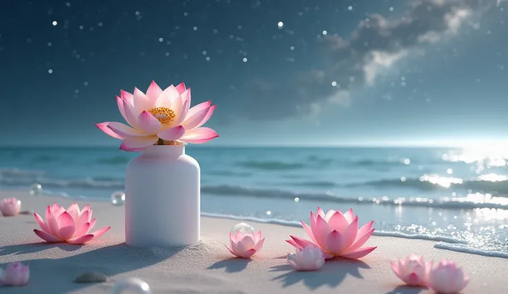  Modern and highly realistic artistic composition of an elegant white cylindrical vase in a minimalist design with elegantly arranged clear glass flowers. The vase is placed on the soft sand of the beach, surrounded by vibrant lotus flowers in various colo...