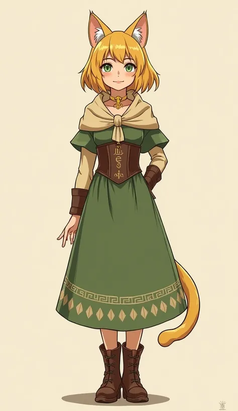 Ithil : daughter of a nobleman ,  measures 1 .65m, She is almost an adult ,  her personality is warm and friendly with yellow ears and cat's tail that stand out for their feline charm.  She wears a simple moss green dress embroidered in beige , She wears a...