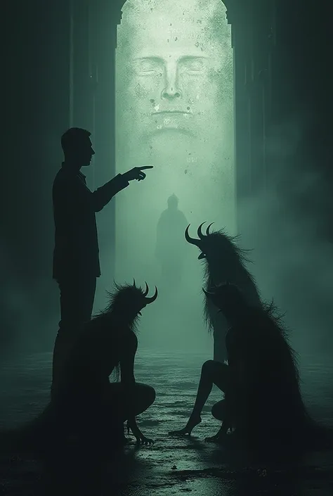 Make an image where you can find three silhouettes of three ren kneeling in front of a person and a person who is pointing at them.
 The words inside the silhouettes of the ren that are crumbling 