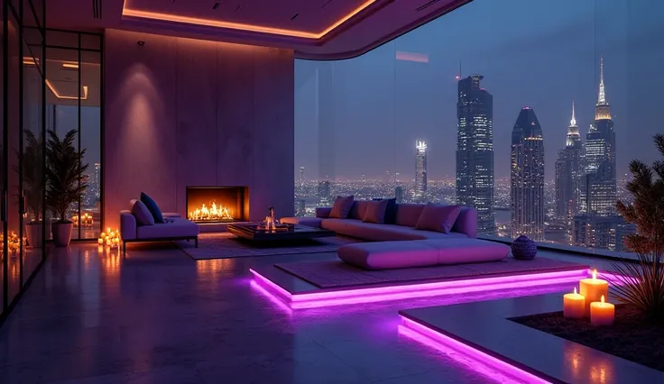  A penthouse with its ultra-modern cyberpunk exterior design dramatic ultra dark lighting with scattered candles, fireplace, Beds,  in Dubai with panoramic views of the terraces at dark night, Spectacular cyberpunk purple neon lights in living rooms , very...