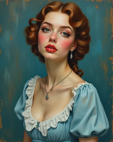 (Expressionist art style: 1.3)(Carl Larsson style painting: 1.3)(Mark Ryden style 1.2) Brooke Shields, wearing the costumes of the character Blue Lagoon 3d rendering, 35mm focal length, cast, blush, long eyelashes