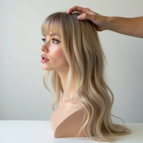 A beautiful woman's disembodied head is standing on a white table in a white room, in side view. The girl has beautiful, straight, thick, voluminous, smooth, silky, shiny, ash blonde, long, soft wavy hair with long, thick bangs. Her eyes are opened. She lo...