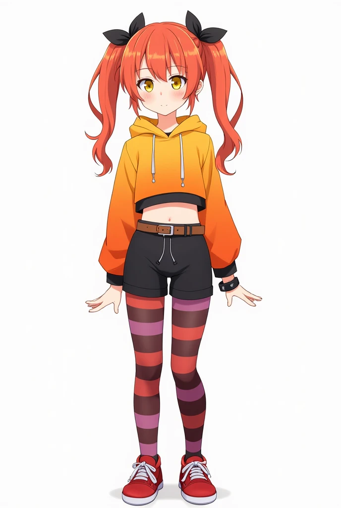 Anime  girl.
Hair: Really long waist-length pigtails with a gradient from orange to red; each pigtail has a black bow.
Eyes: Gold.
Top: Orange and yellow crop top hoodie with hoodie strings, layered over a black long-sleeve under-shirt.
Bottom: Black short...