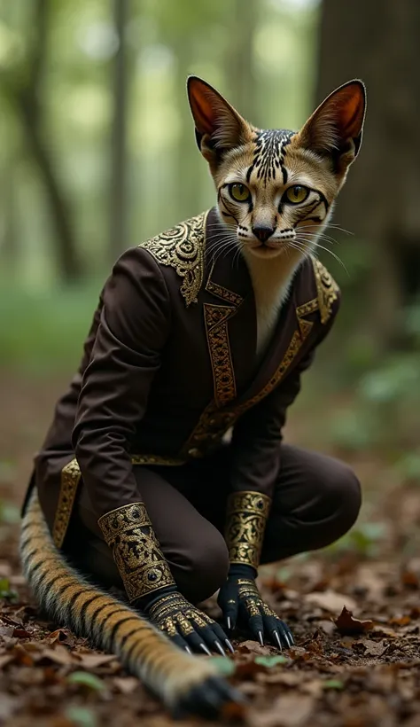 “A sleek margay with a human physique, wearing a dark brown suit with gold embroidery inspired by Mayan art. It crouches in a forest clearing, with ancient petroglyphs subtly visible in the background. Hyper-realistic and mysterious.”