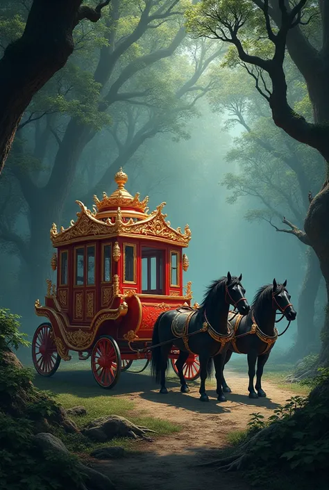 A bright red Chinese imperial carriage with two horses in the middle of a dark forest