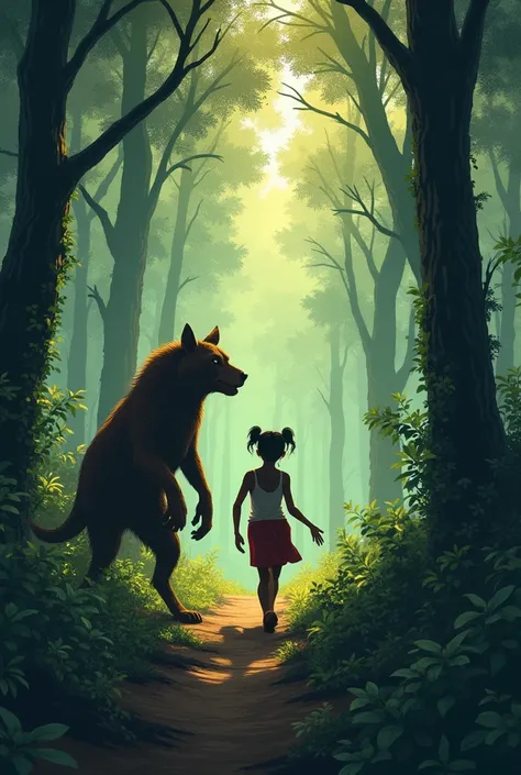 Illustrate a scene of a beast/wild animal attacking an ancient Rwandan girl in a forest.

The camera will be low angled with the beast/wild animal innthe foreground , the girl injured on her ankle in the middle ground terrified 