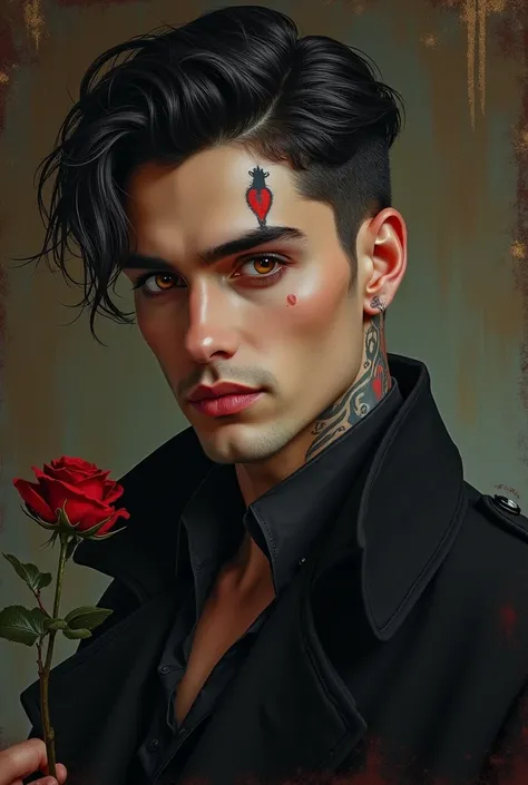  Create a painting of a man who has black hair ,  that is short and always well combed with reddish reflections ,  his eyes are an incredible mix of dark brown and gold ,  with an intensity that captures the attention of those who dare to look directly at ...