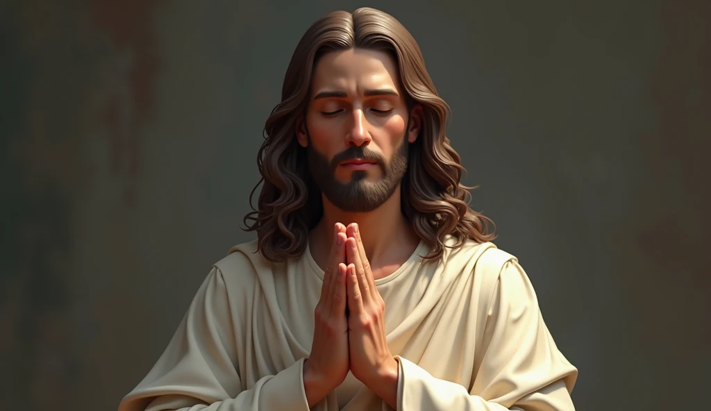 uma ilustração de Jesus Cristo In a prayer position. make sure the following details are included : - Eyes: (must be closed  ) -Hands: (In a prayer position) - Background  : (none,  focus only on the figure  )  Remember the need for a respectful representa...