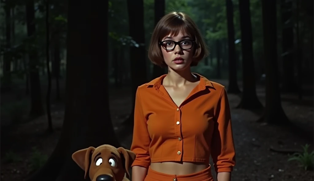 Velma Dinkley, Young white woman, front view, short hair, bangs and black-framed glasses, with a scared look, with her breasts in the camera, wearing an orange wool blouse, with a neckline showing her breasts, showing her belly, wearing a short orange skir...