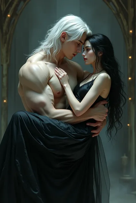 Boy with long straight white hair with muscles with crimson eyes and fair skin carrying in his arms a girl with midnight black hair golden eyes in a black dress blushed 