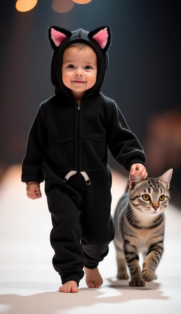 An adorable baby with fair skin and big, glowing eyes,  dressed in a cute kitten outfit .  She wears a black jumpsuit with cat ears on the hood ,  with a small feline tail attached to the back .  The jumpsuit has pink details on the belly and ears , giving...