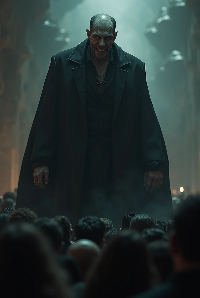 A very mysterious man representing the Antichrist dominating a lot of people. Make the Antichrist in this image laughing at people and pointing at them. 