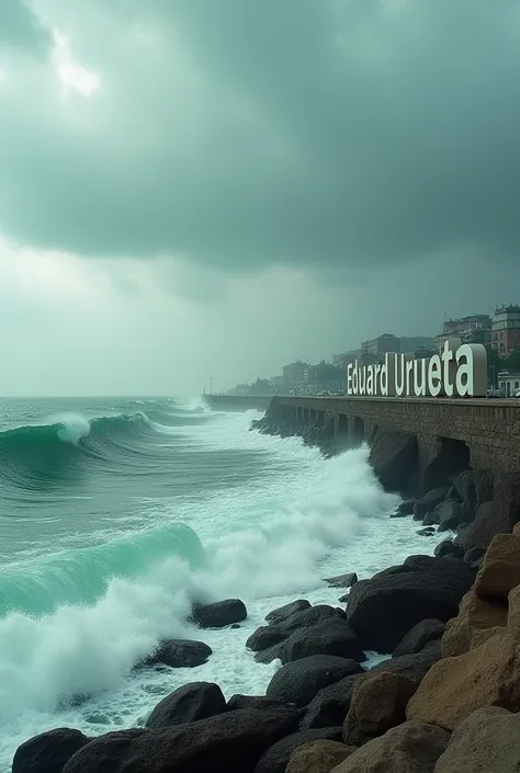 A cinematic shot of a coastal scene in the UA. A powerful green wave crashes against a rocky shoreline. The movement of the wave is beautifully captured, showing its wavy shape and its white and frothy tips. To the right, a giant 3D text "Eduard Urueta" is...