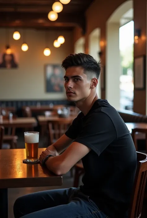 A dark-haired young man ,  military-style hair cut on 01 , short hair, black t-shirt and jeans,  sitting alone at the bar table , drinking beer.  Several chairs and empty tables at the bar,  in the center of Uberlândia , Minas Gerais. 