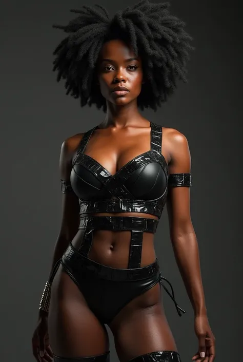 beautiful Alluring African american woman, new skin, athletic fit, well toned and tight body, thin , Elegant Form, new skin, Badly dressed, black duct tape clothes with amazing patterns, beautiful Face, octane rendering, Digital Art, Extreme Detail, 4K, Ul...