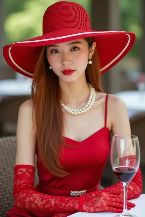 korean woman, 19 years old, long hair, very smooth coppery red, shiny, textured, clear skin, shiny and illuminating.,  lip gloss .She is seated at an outdoor table ,  dressed in an elegant red outfit .  The costume includes a wide-brimmed red hat with a wh...