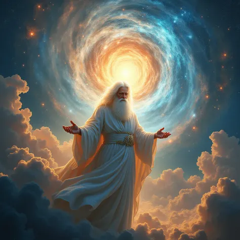 A divine creator bathed in celestial light, with intense white hair and a glowing beard, standing amidst swirling cosmic energy. The figure's outstretched hand reveals a swirling universe being formed, with stars igniting, galaxies coalescing, and nebulas ...
