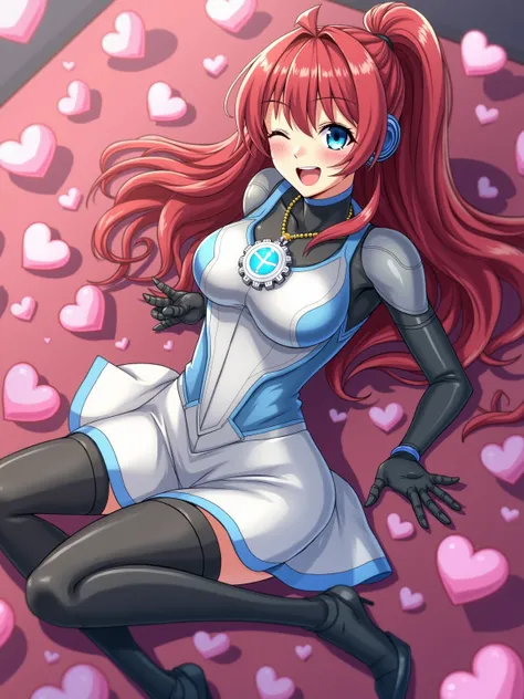 a fantasy room of valentine hearts, a sexy anime robot woman, long red hair with ((single side ponytail1.2)), ((big blue eyes)), pink circle cheek dots, grey robot skin, wearing a white dress with light blue trim, blue belt, blue headset, (((white gear wit...