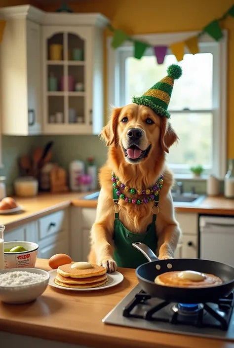  A Golden Retriever in a kitchen on the Mardi Gras theme, wearing festive beads ,  a cooking apron and a colorful party hat.  The dog is standing by the counter ,  playfully helping to prepare pancakes .  The counter is filled with ingredients like Flour ,...