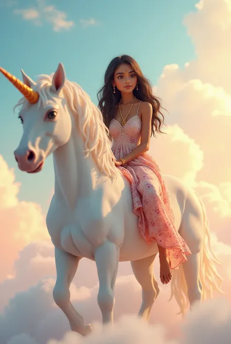 a pretty s indial modern girl with long her sitting on unicorn