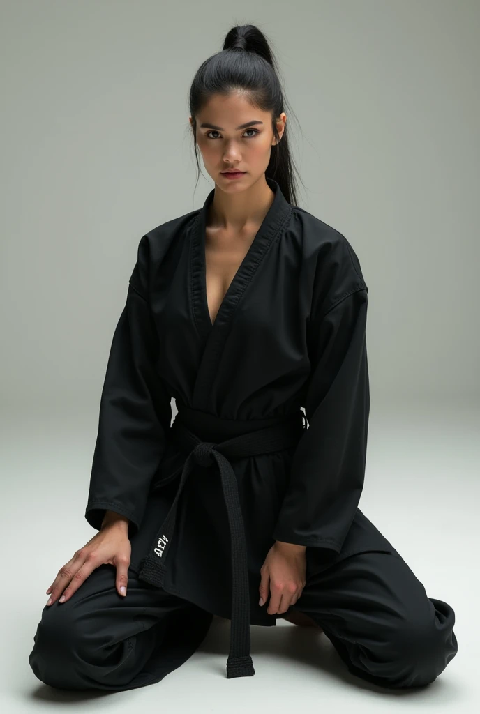 Do a karate girl in a black suit kneeling on her back 