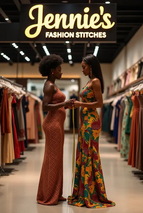 A big fashion designer shop with the inscription "JENNIE'S FASHION STITCHES" with a tall black average size lady putting on an Ankara long gown with tape measuring the body of a two s