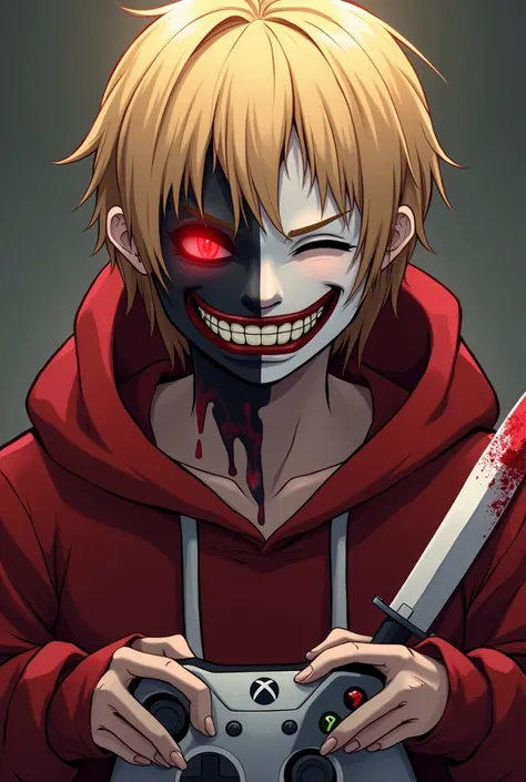 Blond hair anime has a mask on and the mask looks like one side a demon and the other a laughing angel full face mask and the rest of the mask white.  A red hoodie in the left hand there is a Xbox controller in the right hand there is a blood stain knife b...